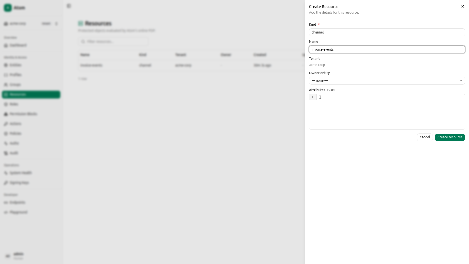 Create resource dialog